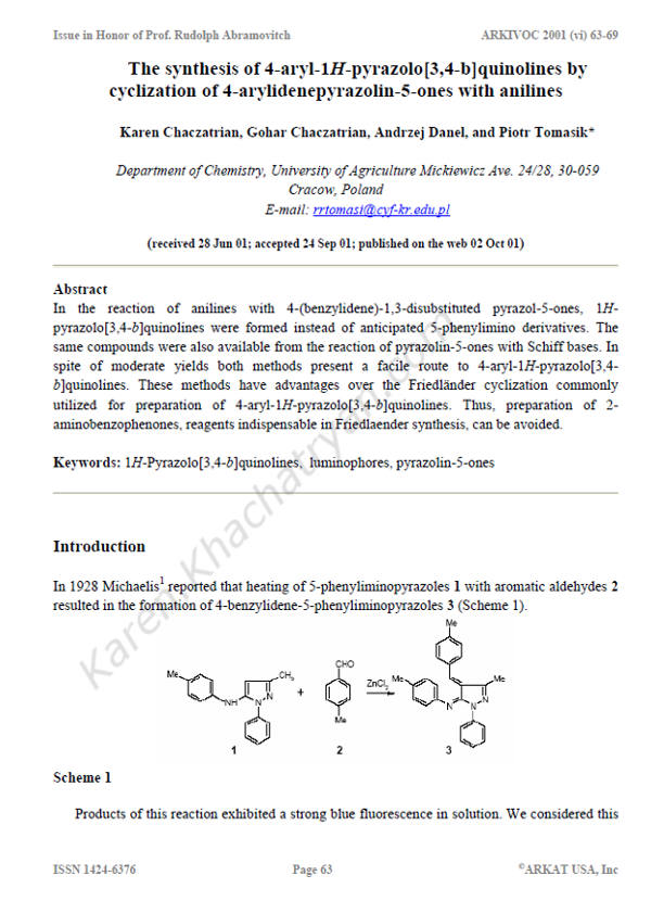 Chaczatrian - Khachatryan - The synthesis of pyrazoloquinolines