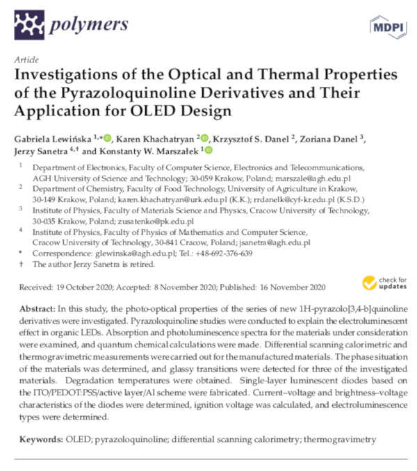 Optical and Thermal Properties of the Pyrazoloquinoline Derivatives - K. Khachatryan