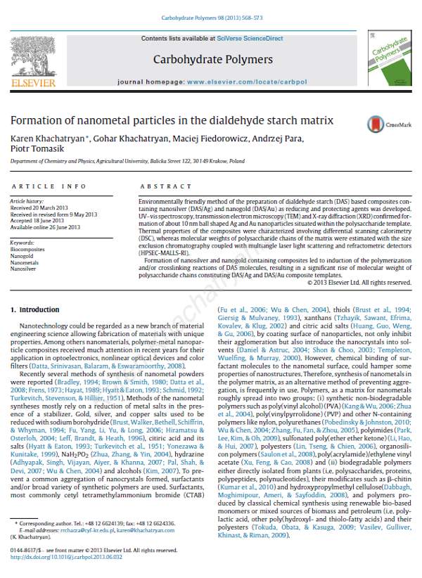Khachatryan - Formation of nanometal particles in the dialdehyde starch matrix