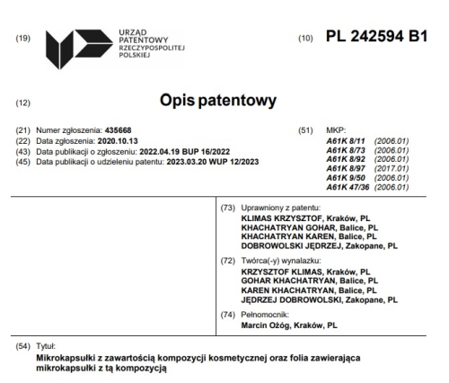 Patent PL 242594 B1 - Mikrokapsułki z zawartością kompozycji kosmetycznej oraz folia zawierająca mikrokapsułki z tą kompozycją:
